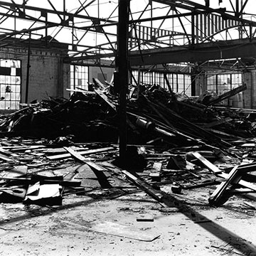 black and white photograph of a derelict building